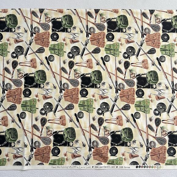1 YD Northcott Take Me Fishing 2239 Laurie Godin Cotton Quilt Craft Fly Fabric - Picture 2 of 6